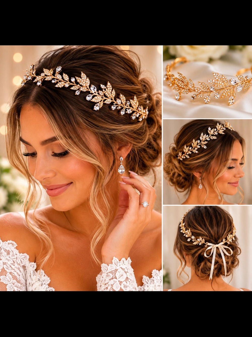 BABEYOND Gold Crystal Leaf Bridal Headpiece Wedding Crown Tiara NWT